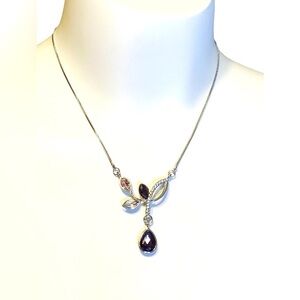 Yves Rocher Silver Tone Purple Pink Clear Rhinestone Pendant Necklace 18-21”